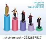 Famous philosophers isometric composition with set of pedestals of different height with characters of vintage scientists vector illustration