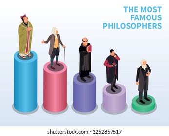 Famous philosophers isometric composition with set of pedestals of different height with characters of vintage scientists vector illustration