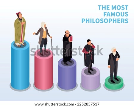 Famous philosophers isometric composition with set of pedestals of different height with characters of vintage scientists vector illustration
