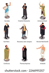 Famous philosophers isometric set with nine isolated human characters of ancient and vintage sophists with text vector illustration