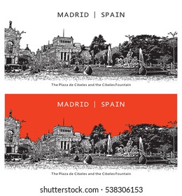 Famous place of Madrid, Spain. The Plaza de Cibeles and Fountain. Illustration in graphic style.
The vector image is the result of auto-trace. It is adapted for easy use.