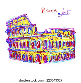 famous place of Rome Italy, original drawing in rainbow colours contemporary art style for travel hobby, vector illustration