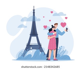 Famous place travel. Man and girl hug and take selfie against backdrop of Eiffel Tower. Sights of Paris and tourists in France. Travel and trip, people at vacation. Cartoon flat vector illustration