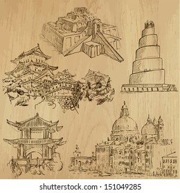 Famous places and Architecture around the World (set no.1).Collection of hand drawn illustrations (originals,no tracing).Each drawing comprise of two layers of outlines, colored background is isolated