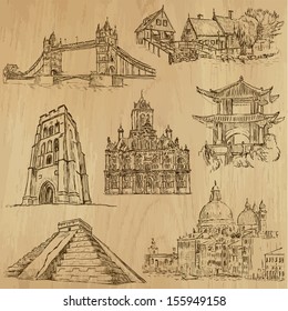 Famous places and Architecture around the World (set no.6). Collection of hand drawn illustrations (originals,no tracing). Each drawing comprises of two layers of outlines, the colored background is isolated