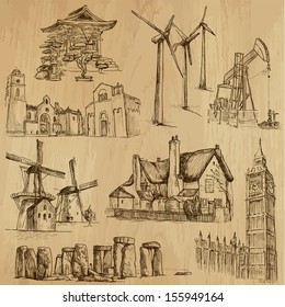 Famous places and Architecture around the World (set no.7). Collection of hand drawn illustrations (originals,no tracing). Each drawing comprises of two layers of outlines, the colored background is isolated