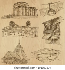 Famous places and Architecture around the World (set no.20).Collection of hand drawn illustrations (originals,no tracing).Each drawing comprise of two layers of lines, colored background is isolated