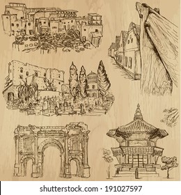 Famous places and Architecture around the World (set no.24).Collection of hand drawn illustrations (originals,no tracing).Each drawing comprise of two layers of lines, colored background is isolated