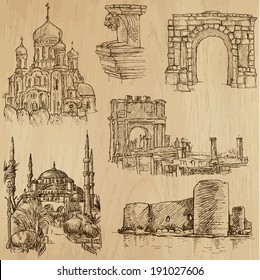 Famous places and Architecture around the World (set no.21).Collection of hand drawn illustrations (originals,no tracing).Each drawing comprise of two layers of lines, colored background is isolated