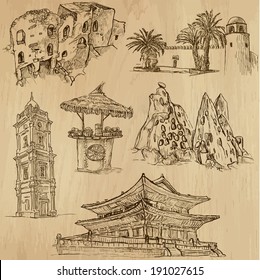 Famous places and Architecture around the World (set no.22).Collection of hand drawn illustrations (originals,no tracing).Each drawing comprise of two layers of lines, colored background is isolated