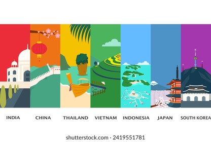 Lugares famosos en Asia, monumentos en Asia , ilustración vectorial.