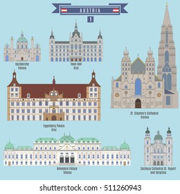 Famous Places in Austria: Karlskirche - Vienna, Eggenberg Palace - Graz, Town Hall - Graz, St. Stephen's Cathedral - Vienna, Belvedere Palace - Vienna, Cathedral St. Rupert and Vergilius - Salzburg