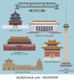 Famous Places in Beijing, China. Temple of Heaven, Mausoleum of Mao Zedong, Forbidden City, Great Wall, Television Tower 