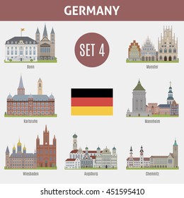 Famosos lugares de ciudades en Alemania. Bonn, Munster, Karlsruhe, Mannheim, Wiesbaden, Augsburg y Chemnitz. Conjunto 4