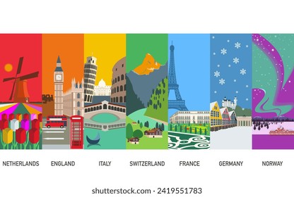 Lugares famosos en Europa, monumentos en Europa, ilustración vectorial.