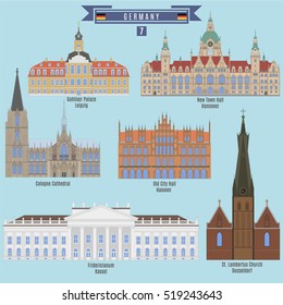 Famous Places in Germany: Gohliser Palace, Leipzig; Town Hall, Hannover; Cologne Cathedral; City Hall, Hanover; Fridericianum, Kassel; St.Lambertus Church, Dusseldorf