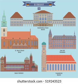 Famous Places in Germany: Nymphenburg Palace, Munich; St.Mary's Church, Berlin; Speyer Cathedral; Frauenkirche, Munich, Town Hall, Wiesbaden