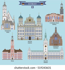 Famous Places in Germany: Thomaskirche, Leipzig; Town Hall, Augsburg; Brinau; Town Hall, Hamburg; Frauenkirche, Nuremberg, St.Michaelis Church, Namburg
