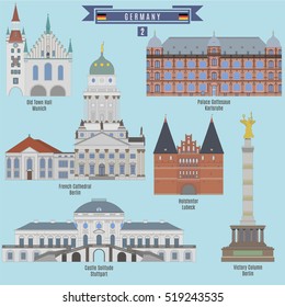 Famous Places in Germany: Town Hall, Munich; French Cathedral, Berlin; Castle Solitude, Stuttgart; Holstentor, Lubeck; Victory Column, Berlin; Palace Gottesaue, Karlruhe