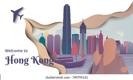 Famous places in Hong Kong, purple and green tones, paper cutting style