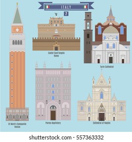 Famous Places in Italy: St Mark's Campanile - Venice, Castel Sant'Angelo - Rome, Perma Baptistery, Cathedral of Naples, Turin Cathedral