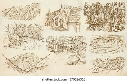 Famous Places, Landscapes and Sceneries - Collection of an hand drawn illustrations. Description, Hand drawing illustrations (freehand), in one vector pack. Editable.