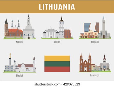 Famosos lugares de ciudades lituanas. Conjunto de vectores de alta calidad