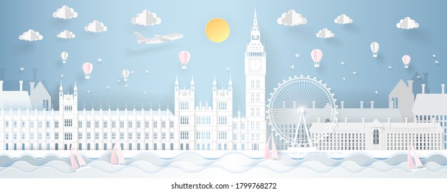 Famous Places In London UK. Paper Art Vector Illustration.