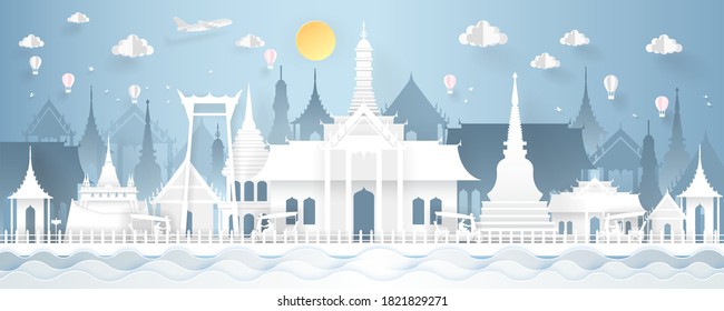 Famous Places of Thailand in Panorama Vector illustration on blue background. Tourism Concept with Historic Architecture and Holy Landmarks.