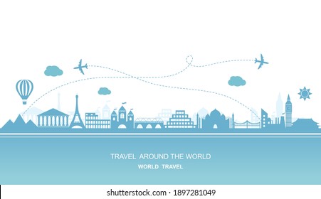 Famous places. Travel around the world vector illustration. Travelling by plane, airplane trip in various country. Flat design poster.