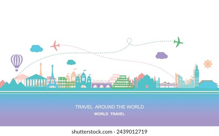 Famous places. Travel around the world vector illustration. Travelling by plane, airplane trip in various country. Flat color design poster.