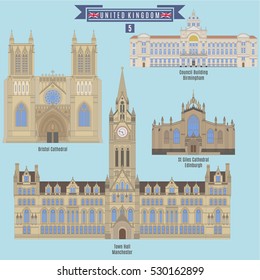 Famous Places in United Kingdom: Bristol Cathedral, Council Building - Birmingham, St. Giles Cathedral - Edinburgh, Town Hall - Manchester