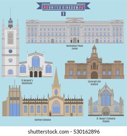 Famous Places in United Kingdom: Buckingham Palace - London, St. Margarets - Westminster, Cartwright Hall - Bradford, Sheddield Cathedral, St. Mungos Cathedral - Glasgow svg