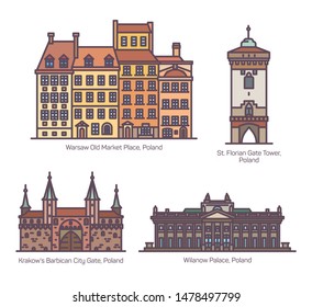 Famous Poland architecture landmarks isolated. Warsaw old market place and St Florian gate tower, Krakows Barbican City Gate and Wilanow Palace. Set of Polish landmarks buildings. Sightseeing