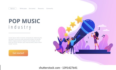 Famous pop singer near huge microphone singing and tiny people dancing at concert. Popular music, pop music industry, top chart artist concept. Website homepage landing web page template.