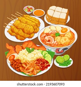 El famoso satay melaka de cerdo en malasia cierra el menú. El nasi lemak de arroz basmati asiático sirve recetas de comida singapur. La comida callejera malaya de Laksa. Camarones asiáticos (langostinos) laksa, un vector de ilustración de la receta de sopa.
