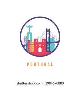 Famous Portugal landmarks silhouette. Colorful Portugal skyline round icon. Vector template for postmark, stamp, badge or logo.