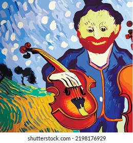 The famous Post-Impressionist painter playing the violin. Cartoon style