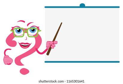 Famous presenter trainer teacher mentor funny amazing question mark cartoon character woman sexy lady girl in front of whiteboard stick in hand glasses on eye