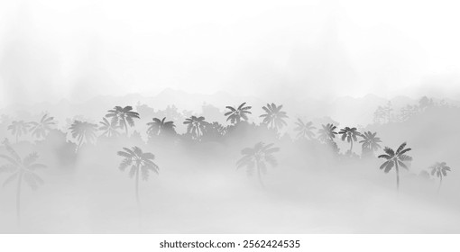 Famous rainforest inside the fog clouds. Vector jungle hazy landscape. The group of south trees with palms and plants lost inside the mist. Black and white sillhouete illustration.