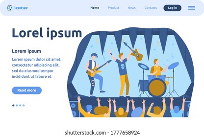 Famous rock band playing music and singing at stage flat vector illustration. Cartoon crowd of people standing near scene and waving hands. Concert and performance concept