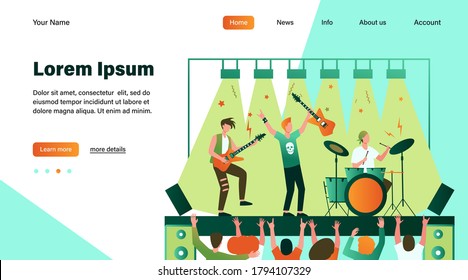 Famous rock band playing music and singing at stage flat vector illustration. Cartoon crowd of people standing near scene and waving hands. Concert and performance concept