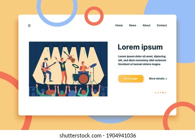 Famous rock band playing music and singing at stage flat vector illustration. Cartoon crowd of people standing near scene and waving hands. Concert and performance concept