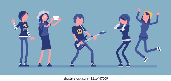 Famous Rockstar And Fans Crazy About Him. Young Celebrated Male Pop Musician, Well-known Singer With Guitar, People Admire Him And Support. Vector Illustration With Faceless Characters