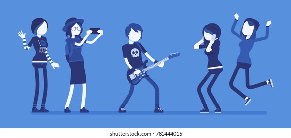 Famous rockstar and fans crazy about him. Young celebrated male pop musician, well-known singer with guitar, people admire him and support. Vector illustration with faceless characters