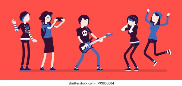 Famous rockstar and fans crazy about him. Young celebrated male pop musician, well-known singer with guitar, people admire him and support. Vector illustration with faceless characters