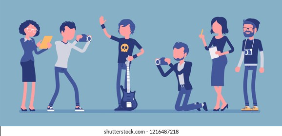 Famous rockstar and journalists. Young celebrated male pop musician, a singer with guitar, newspaper or magazine men photographing him, gathering news. Vector illustration with faceless characters
