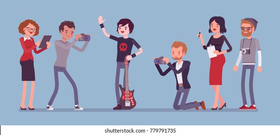 Famous rockstar and journalists. Young celebrated male pop musician, a singer with guitar, newspaper or magazine men writing, photographing him, gathering news. Vector flat style cartoon illustration