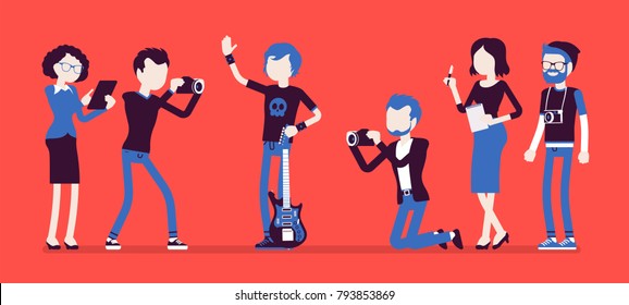 Famous rockstar and journalists. Young celebrated male pop musician, a singer with guitar, newspaper or magazine men photographing him, gathering news. Vector illustration with faceless characters