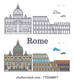 Famous Rome buildings - line cathedral and coliseum. Vector illustration